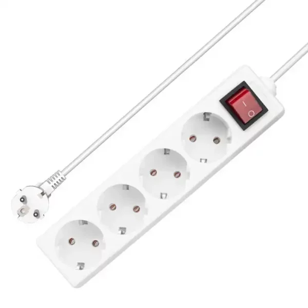 Разклонител 4 гнезда, 250V, 16A, Кабел 3m, С ключ, Бял