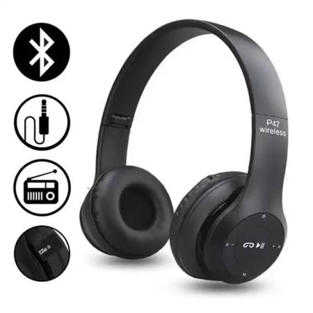 Безжични слушалки P47 wireless, Bluetooth, FM, MP3, SD карта памет, AUX, Цвят черен