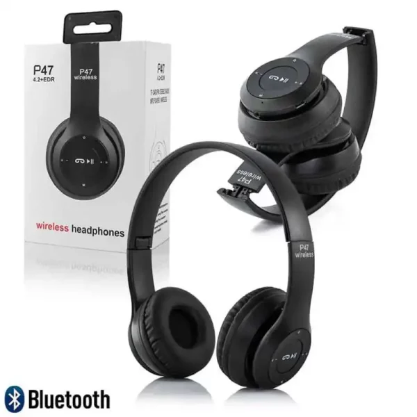 Безжични слушалки P47 wireless, Bluetooth, FM, MP3, SD карта памет, AUX, Цвят черен - Image 2