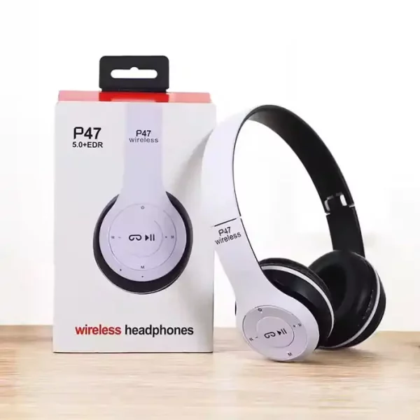 Безжични слушалки P47 wireless, Bluetooth, FM, MP3, SD карта памет, AUX, Цвят бял